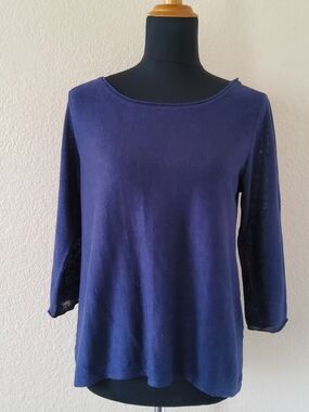 Eileen Fisher 3/4 Sleeve 100% Organic Linen Top​EUC Navy Blue Size S